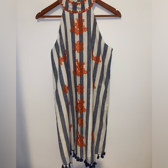 THML Women's Linen Blend Striped Embroidered Halter Dress, sz Small - Picture 3 of 14